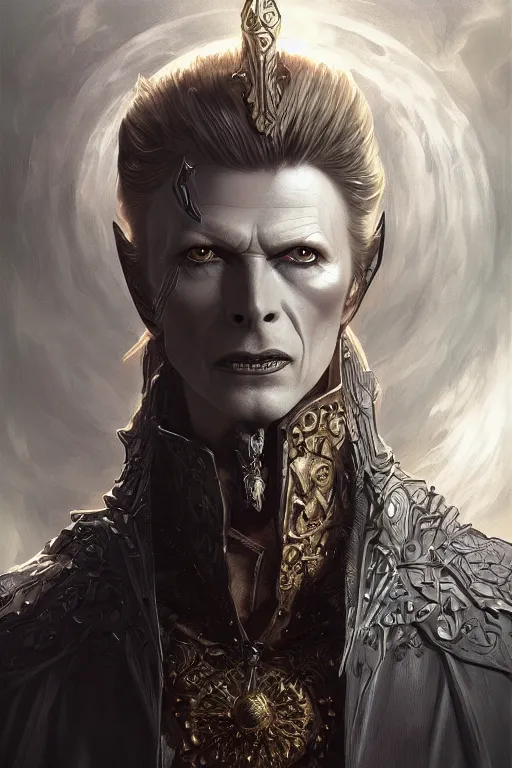 Image similar to ultra realistic illustration, vampire king david bowie from diablo and baldurs gate, intricate, elegant, highly detailed, digital painting, artstation, concept art, smooth, sharp focus, illustration, art by artgerm and greg rutkowski and alphonse mucha