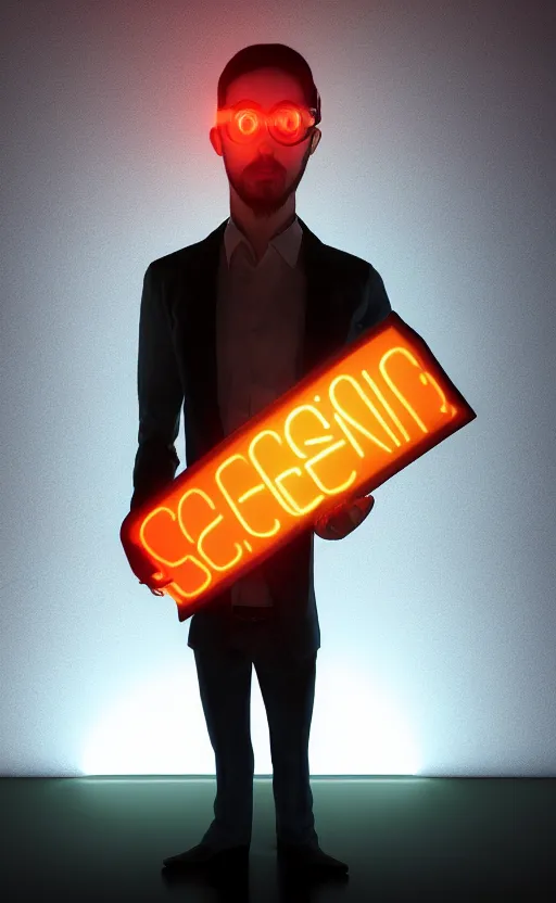 Image similar to scientist is holding a folder, he is in shock, dark building of server room, neon light, the folder glows and lights up his face, professional lighting, 3 d digital modeling, movie scene, concept art, detailed art,