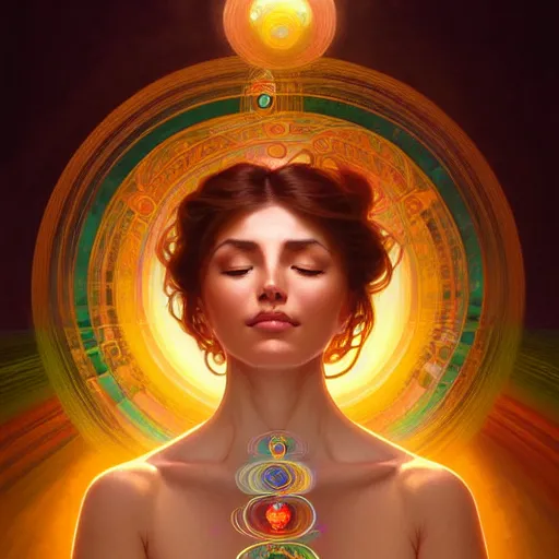 Image similar to a woman in deep meditation, chakras emiting mystical colored light, intricate, elegant, highly detailed, my rendition, digital painting, artstation, concept art, smooth, sharp focus, radiant light, illustration, art by artgerm and greg rutkowski and alphonse mucha