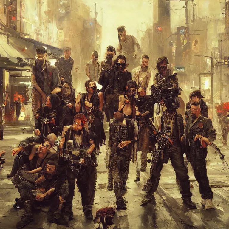 Prompt: hyperrealistic and beautiful painting of a rebellious gang outside of a gritty club, cyberpunk style, 8 k resolution, by ilya repin and george luks, polished, fine detail, intricate, concept art, artstation
