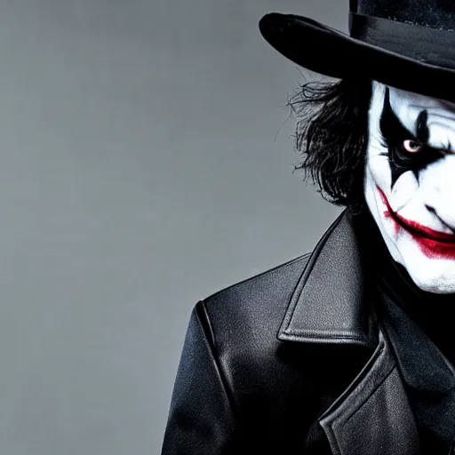 Prompt: a male model wearing a black leather hat in joker makeup, frontal view, cool looking