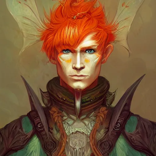 Image similar to portrait painting of an elven eladrin young man with very short light orange hair and tribal tattoos in his cheekbones wearing fur armor, d & d, rpg, sharp focus, award - winning, trending on artstation, masterpiece, highly detailed, intricate. art by josan gonzales and moebius and deathburger