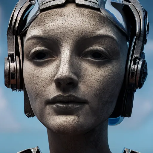 Image similar to the head of a marble cybernetic lady justice statue wearing a virtual reality headset on ground covered in sand, cyberpunk background, highly detailed, epic lighting, hyper photorealism, 8 k