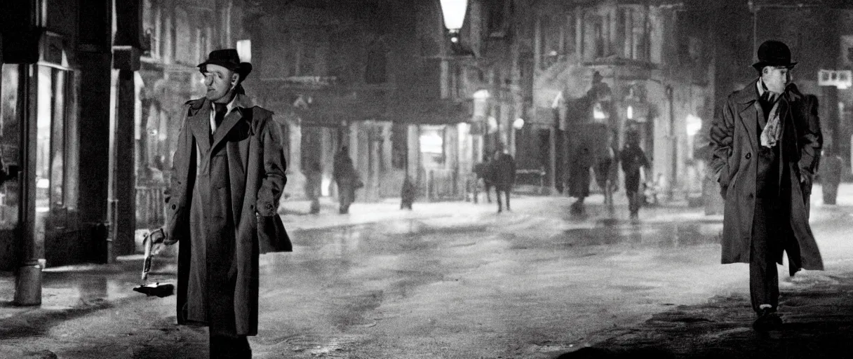 Image similar to a drunk and depressed film noir detective in a trench-coat, walking along a street; extremely detailed; film still