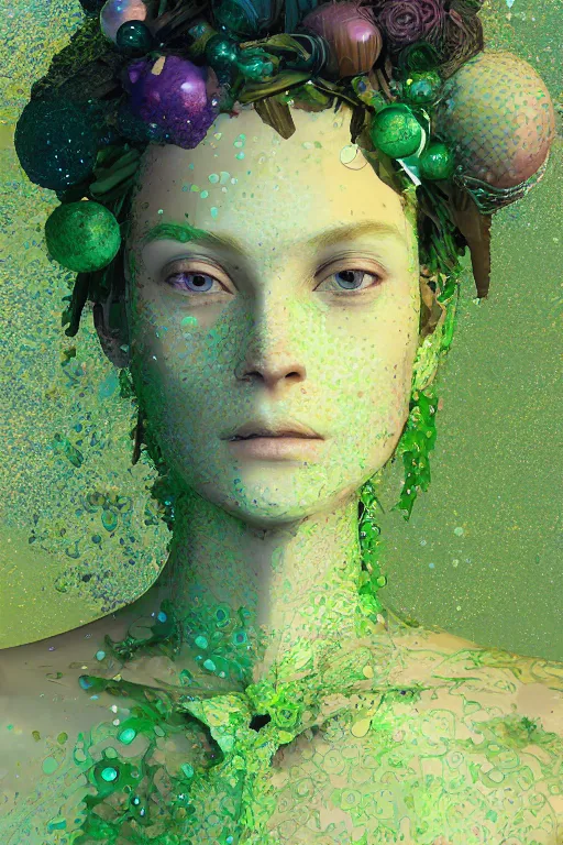 Image similar to trans model, vine headdress, moss patches, 2 0 mm, with pastel yellow and green bubbles bursting, voronoi, melting into past selves, delicate, beautiful, intricate, houdini sidefx, by jeremy mann and ilya kuvshinov, jamie hewlett and ayami kojima, bold 3 d