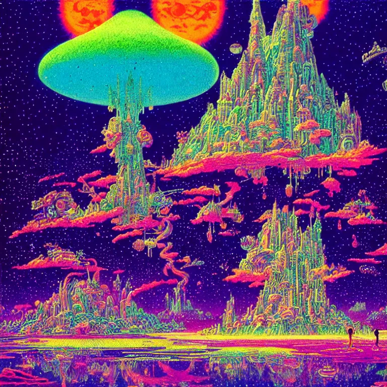 Prompt: mysterious ufo hovering over magical crystal temple, bright neon colors, highly detailed, cinematic, hiroo isono, tim white, philippe druillet, roger dean, lisa frank, aubrey beardsley