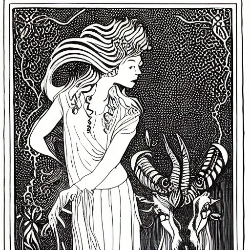 Prompt: filigree detailed illustration of a profile of gypsy girl with long curly hair and big goat horns, aubrey beardsley, woodcut