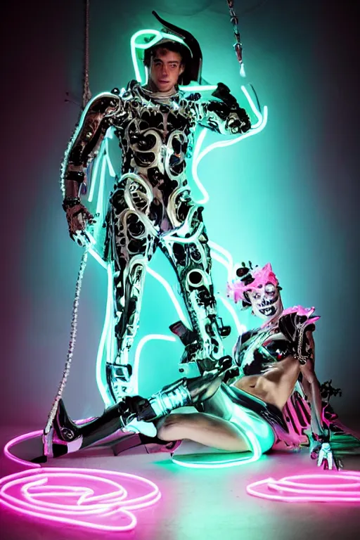 Image similar to full-body rococo and cyberpunk style neon statue of a muscular attractive Nick Jonas macho dotado e rico android sim roupa reclining con las piernas abertas e la piroca dura, glowing white laser eyes, prince crown of pink gears, diamonds, swirling silver-colored silk fabric. futuristic elements. full-length view. space robots. human skulls. intricate artwork by caravaggio. Trending on artstation, octane render, cinematic lighting from the right, hyper realism, octane render, 8k, depth of field, 3D