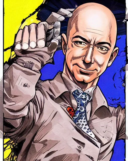 Prompt: Digital color ink drawing of Jeff Bezos from JoJo\'s Bizzare Adventure, highly detailed, sharp focus, screentone shading, 1990 manga panel, trending on ArtStation, manga cover art drawn by Hirohiko Araki