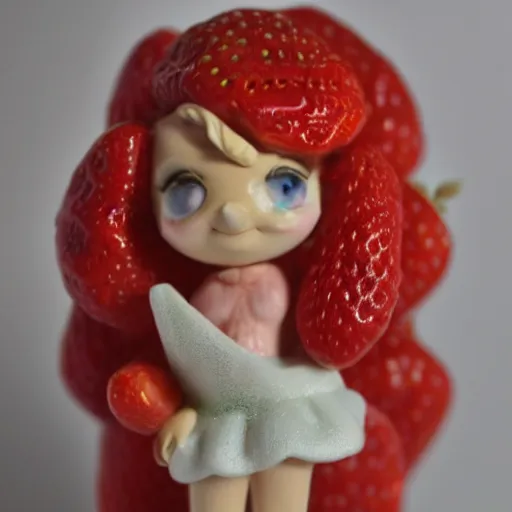 Image similar to a femo figurine of a cute funny strawberry fairy made of strawberries and human