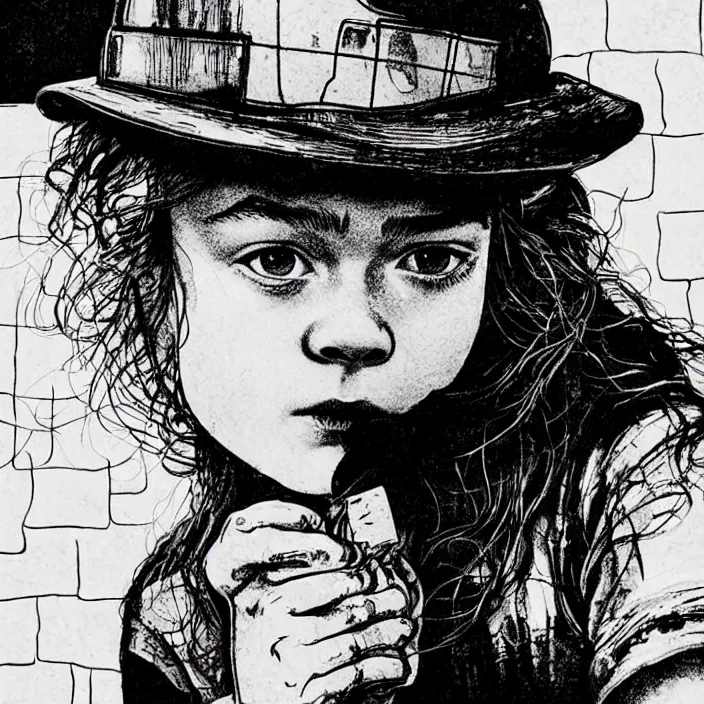 Image similar to extreme close - up on sadie sink as a miner : she lifts a slice of bread with her hand, looks at it. background : black tiles!! on walls. black and white, pencil and ink. by gabriel hardman, joe alves, chris bonura. cinematic atmosphere, detailed and intricate, perfect anatomy