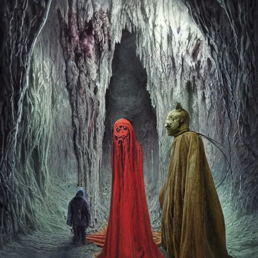 Image similar to painting of a creepy family wearing long robes, intercrossed humans, mixed animal, in a crystal cave, by giger, zdzislaw beksinski, thierry bosch, cold hue's, amazing colorful background, digital art, concept art, animal painting, beautiful composition 3 - d 4 k,