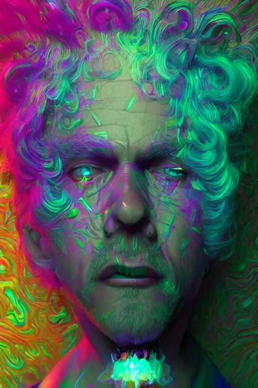 Image similar to portrait of a hyperdimensional jester, neon rainbow quartz, 4k detailed hyperrealistic digital photo by Beeple, Gustave Dore, Artstation, CGsociety