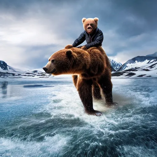 Prompt: bob ross riding on the back of a brown bear in alaska, outdoor, volumetric, hyperrealistic, shutterstock contest winner, national geographic photo, stockphoto, majestic