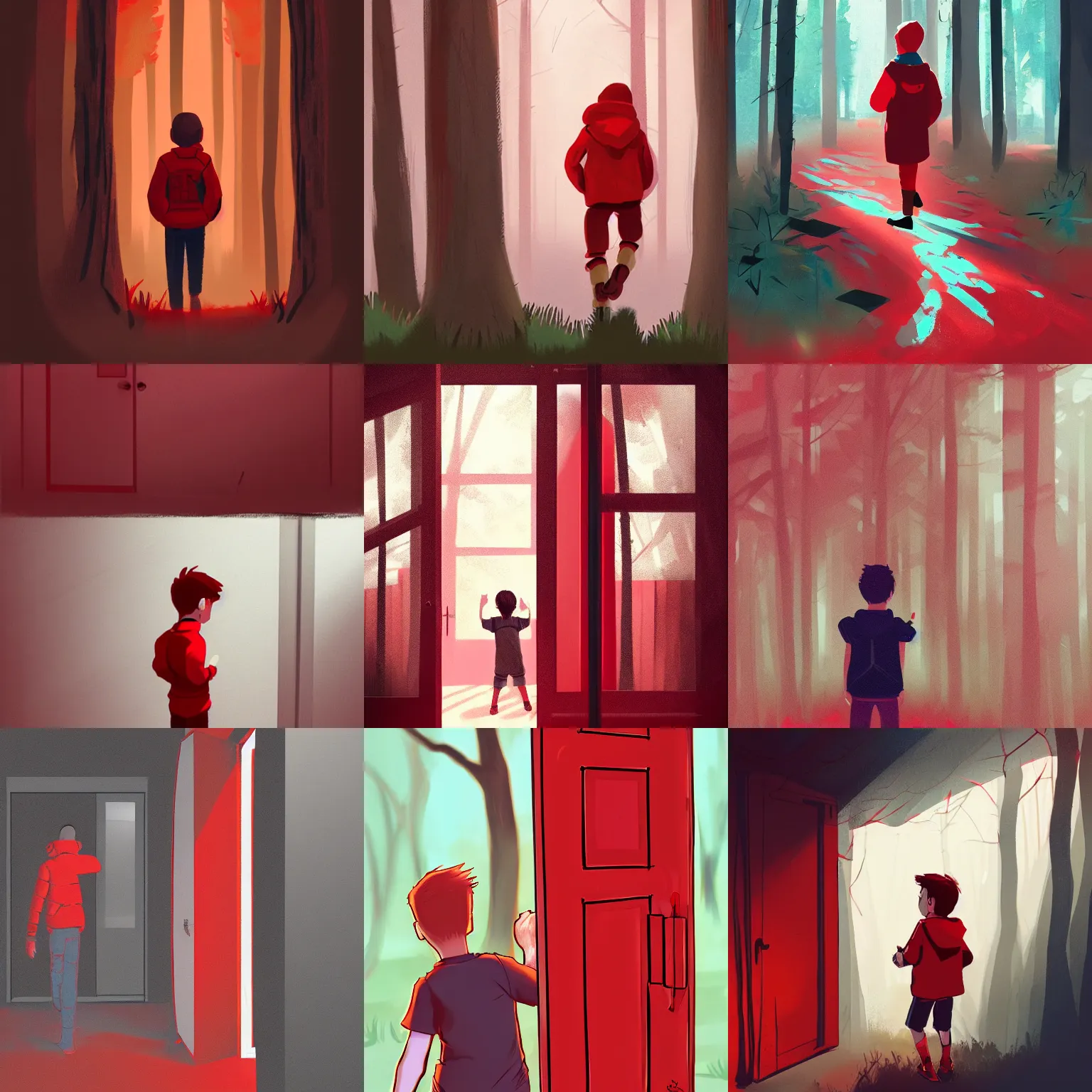 Prompt: boy in red knock the door of a cabine in a forest, detailed, strong lighting, very conherent, by aenami and alena, trending on artstation