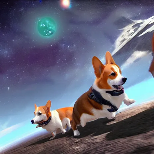 Prompt: Corgis in no man's sky, fantasy art