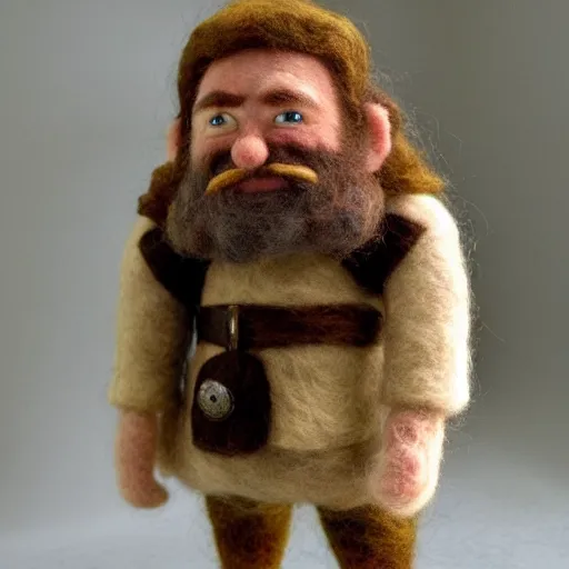 Image similar to needle felted gimli from the return of the king (2003), highly detailed, tilt shift, cute, hyperrealism, highly textured, god rays