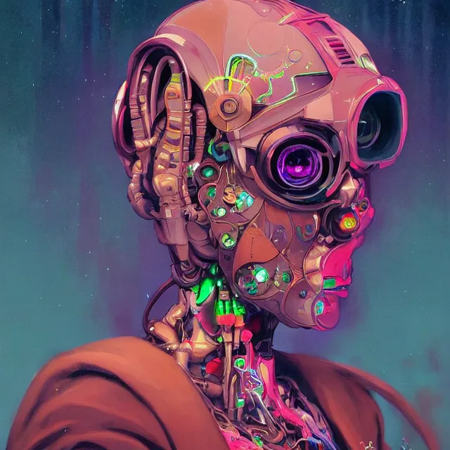 Prompt: a beautiful portrait painting of a ( ( ( cyberpunk ) ) ) robot girl by simon stalenhag and pascal blanche and alphonse mucha and nekro. in style of digital art. colorful comic, film noirs, symmetry, brush stroke, vibrating colors, hyper detailed. octane render. trending on artstation