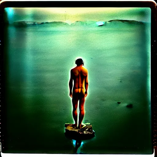 Image similar to semi translucent frog in Jesus Christ pose hovering over misty lake, polaroid photography by Andrei Tarkovsky, spiritual, mystical, mellow