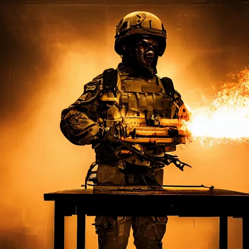 Image similar to soldier with toaster oven augmentation, dark messy smoke - filled cluttered workshop, dark, dramatic lighting, orange tint, sparks, cinematic, highly detailed, sci - fi, futuristic, movie still