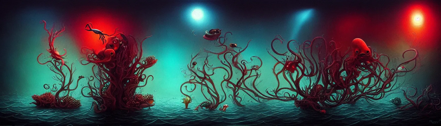 Image similar to whimsical strange small sea creatures from the depths of the imaginal realm, dark eerie dramatic lighting, detailed and atmospheric surreal darkly colorful painting by ronny khalil