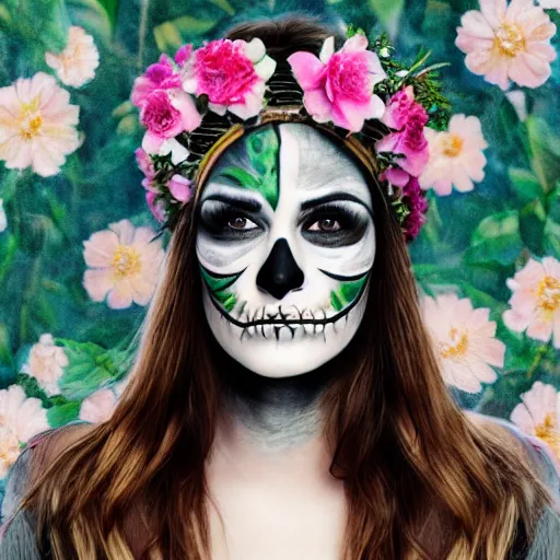 Image similar to a photorealistic portrait of a woman with a skull face paint and headband of flowers