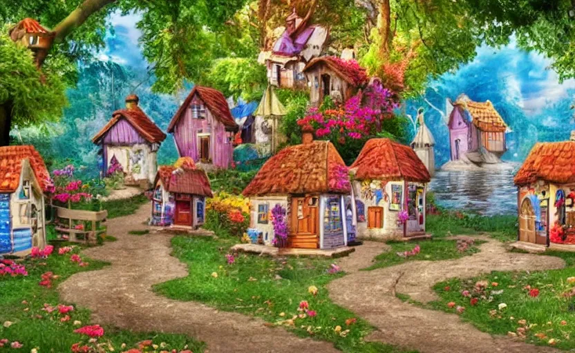 Image similar to musical, fairy tale, happiness, joy, unrealistic, village, houses