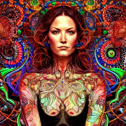 Image similar to portrait of danneel ackles, hyper detailed masterpiece, neon floral pattern, jean giraud, digital art painting, darkwave goth aesthetic, psychedelic, artgerm, donato giancola and tom bagshaw