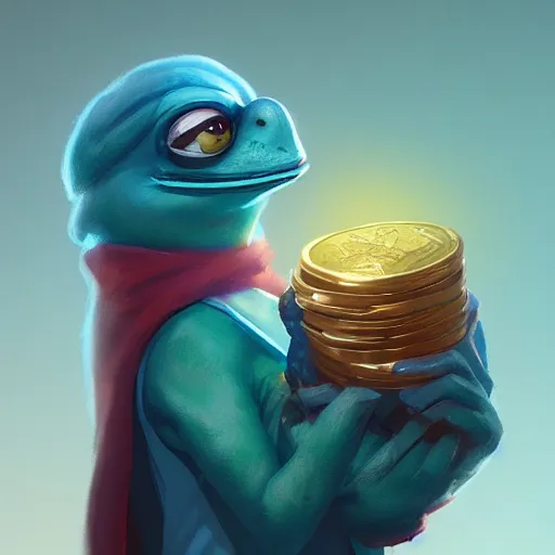 Image similar to super rich happy pepe, luxury, treasury, coins, money, hyper detalied, blue crystals, greg rutkowski, artstation