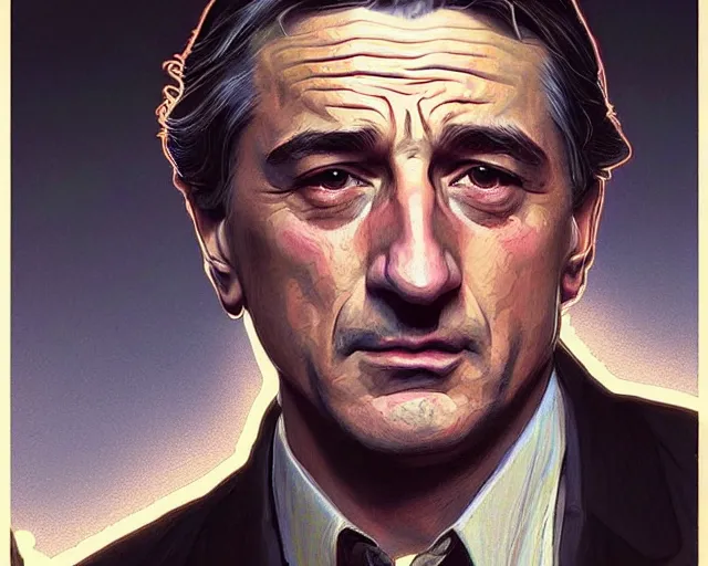 Prompt: portrait of a young robert de niro young in th 8 0's, intricate, highly detailed, digital painting, artstation, concept art, sharp focus, illustration, art by artgerm and greg rutkowski and alphonse mucha