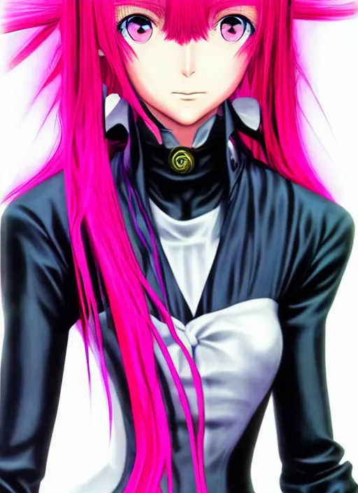 Prompt: frontal portrait of an anime girl with long pink hair wearing a 1 9 7 0's dress, shin megami tensei character art, art by kazuma kaneko, official atlus co. media, digital drawing, white background, very high quality, very highly detailed
