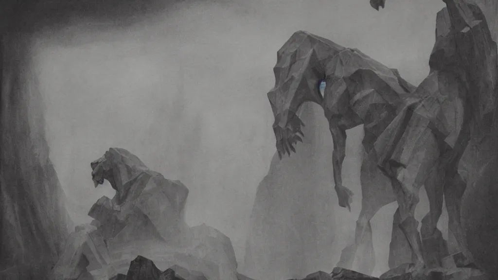 Prompt: a medieval chiaroscuro lithograph of a colossal sculpture by kurt seligmann and edward steichen, enormous creatures augment my desire coming out of a fog