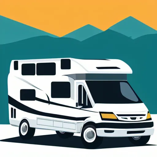 Image similar to very very very stylized minimal vector graphic of a thor chateau motorhome, mountains, highway and sunset!!, white background, dramatic, professional minimal graphic design cartoon