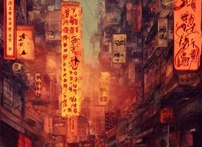 Prompt: anime of 1 9 2 0 s hong kong at night lit by the stars, wispy smoke, highly detailed face, very intricate, symmetrical, cinematic lighting, award - winning, painted by wong kar - wai and mandy jurgens and peter doig, dystopian, bold colors, dark vibes, featured on artstation