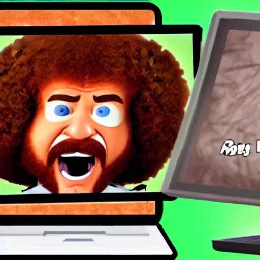 Image similar to angry bob ross screaming at laptop cartoon strip