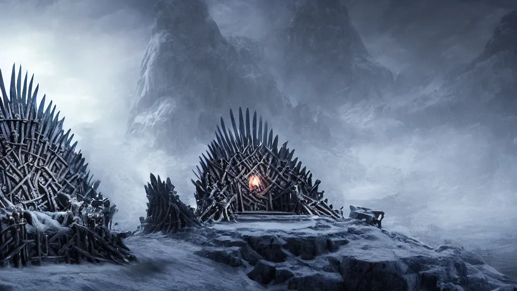 Prompt: the Iron Throne, snowy, sinister, Game of Thrones, volumetric lighting, fantasy artwork, very beautiful scenery, very realistic painting effect, hd, hdr, cinematic 4k wallpaper, 8k, ultra detailed, high resolution, artstation