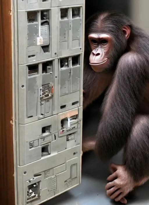 Image similar to uncanny hybrid human - ape, half human half ape inside fuse box in post communist apartment building