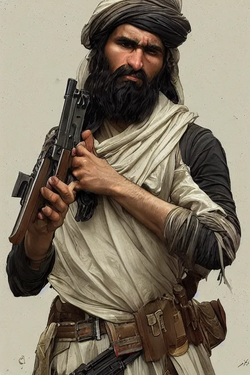 Image similar to male cottagecore taliban leader holding a kalashnikov rifle. intricate, elegant. highly detailed, digital painting, artstation, concept art, smooth, sharp, focus, illustration.. art by artgerm and greg rutkowski and alphonse mucha