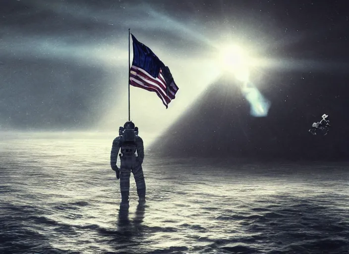 Image similar to astronaut holding a flag in an underwater desert. a submarine is visible in the distance. dark, concept art, cinematic, dramatic, atmospheric, 8 k, trending on artstation, blue, fish, low visibility, fog, ocean floor, christopher nolan, interstellar