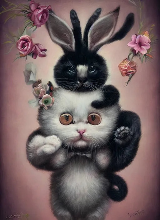 Prompt: pop surrealism, lowbrow art, realistic cute cat girl painting, holding a bunny, hyper realism, muted colours, rococo, natalie shau, loreta lux, tom bagshaw, mark ryden, trevor brown style,