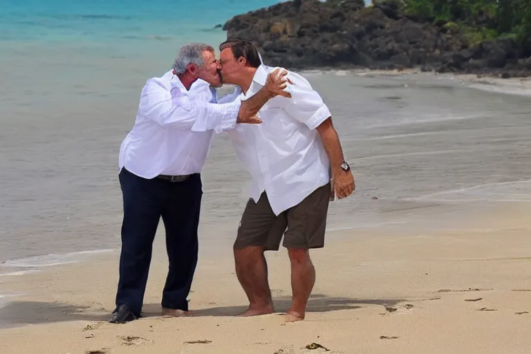 Image similar to bolsonaro kissing president lula at the romantic beach