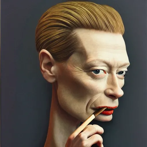 Prompt: caricature portrait of a beautiful 20 year old Tilda Swinton smoking a cigar by Mario Testino, headshot, detailed, award winning, oil painting