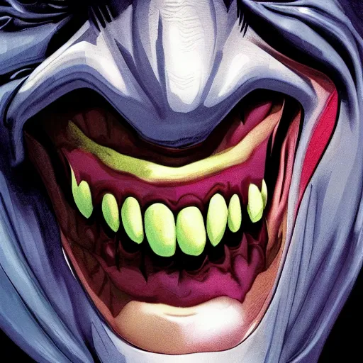 Image similar to batman inside the joker's mouth holding it open, high detail, high resolution, intense