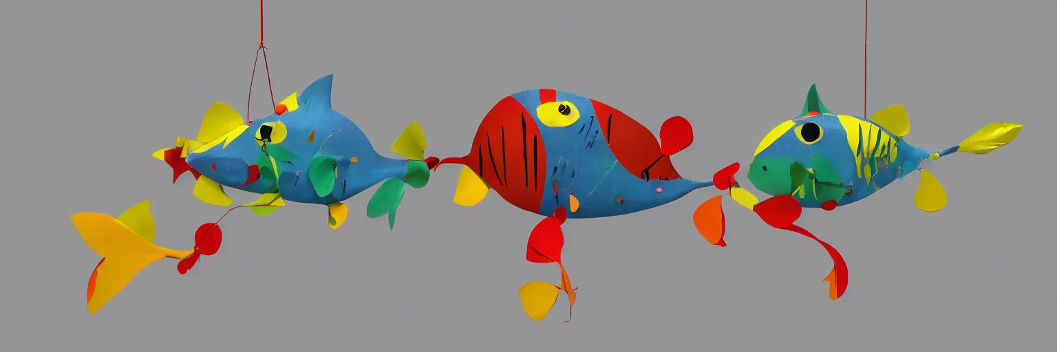 Image similar to 3 d hyper realistic fish mobile in the style of alexander calder