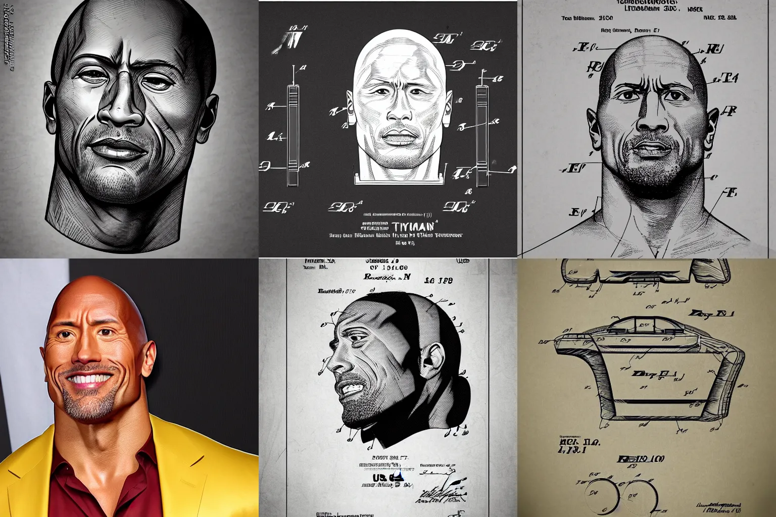 Prompt: US patent Technical Drawing schemes of Dwayne johnson's, head