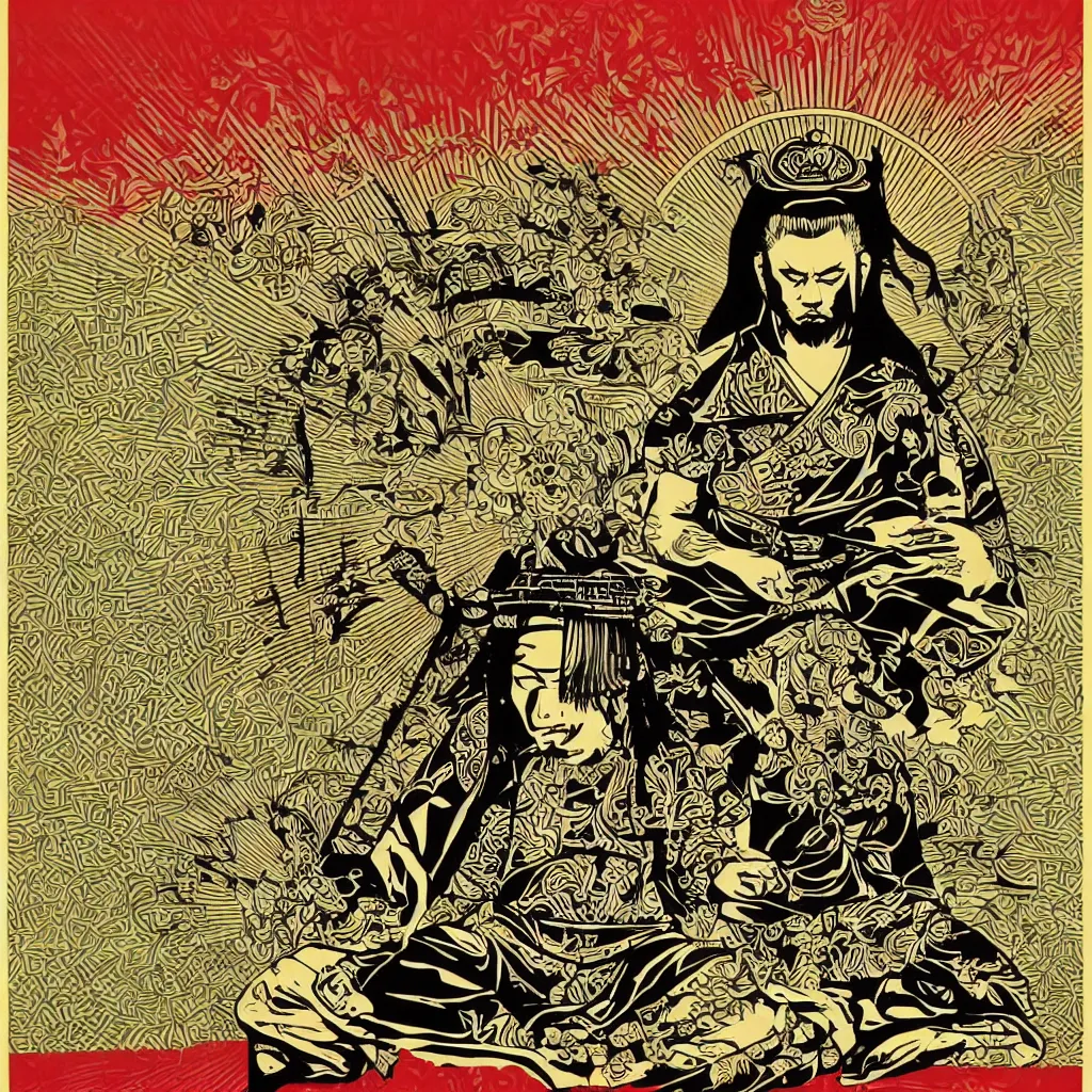 Prompt: poster of a beautiful meditating samurai by shepard fairey