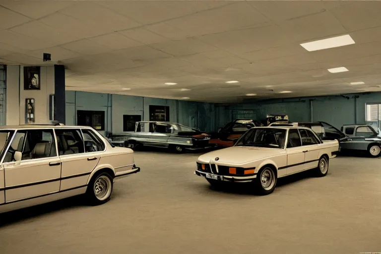 Prompt: BMW wagon estate, inside of an badly lit 1970s dealership, ektachrome photograph, volumetric lighting, f8 aperture, cinematic Eastman 5384 film