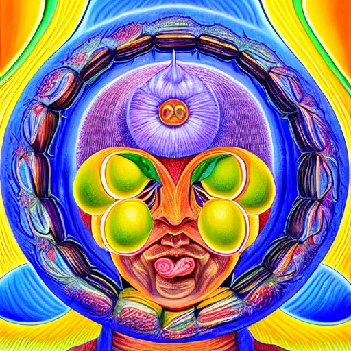 Image similar to Alex Grey painting of Lemonus, the lemon god of citrus, highly detailed, symmetrical, trending on artstation