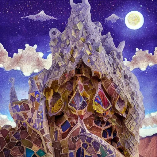 Image similar to cosmic palace sitting on a mountain in the sky by Antoni gaudi, digital painting, high resolution, artstation, cgrender