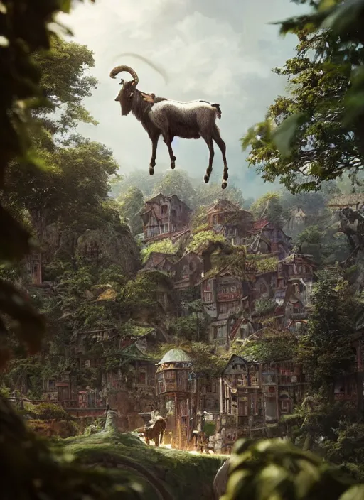 Image similar to giant goat on a fantasy village, art by artgerm and greg rutkowski, cinematic shot, intricate, ornate, photorealistic, ultra detailed, trending artstaition, realistic, 1 0 0 mm, photography, octane, high definition, depth of field, bokeh, 8 k